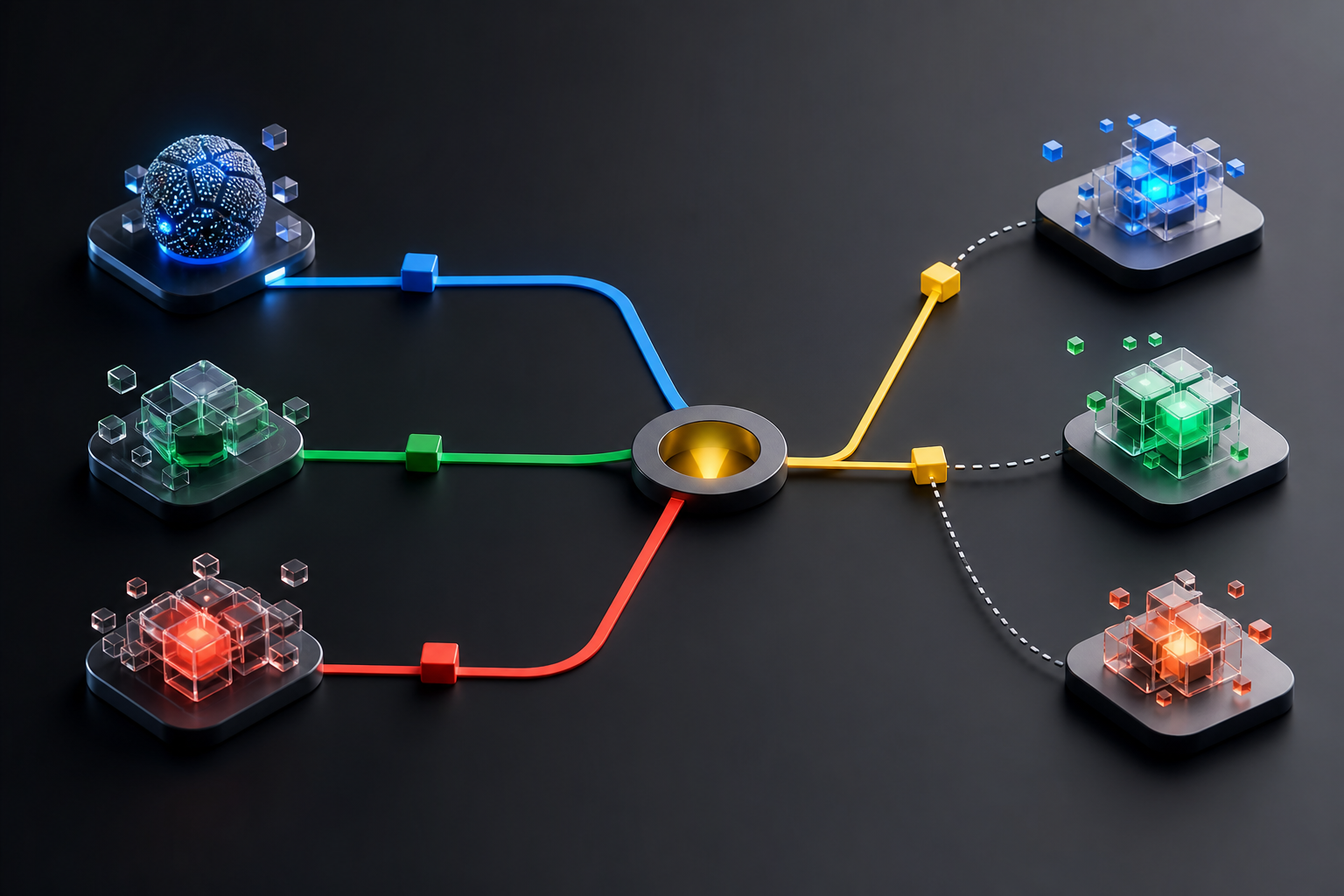 Three distinct chatbot partner paths converge toward a clear decision point with controlled brand-color accents.
