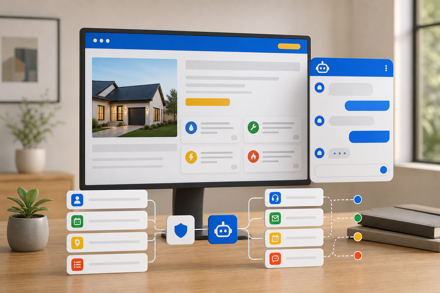 A local service chatbot workflow shows website questions moving through lead capture, handoff, and support routing.