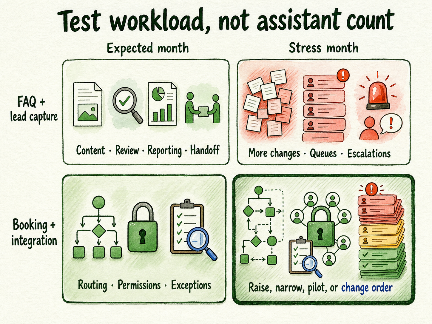 Expected and stress tests compare FAQ and integration engagements, revealing different workload-driven quote outcomes.