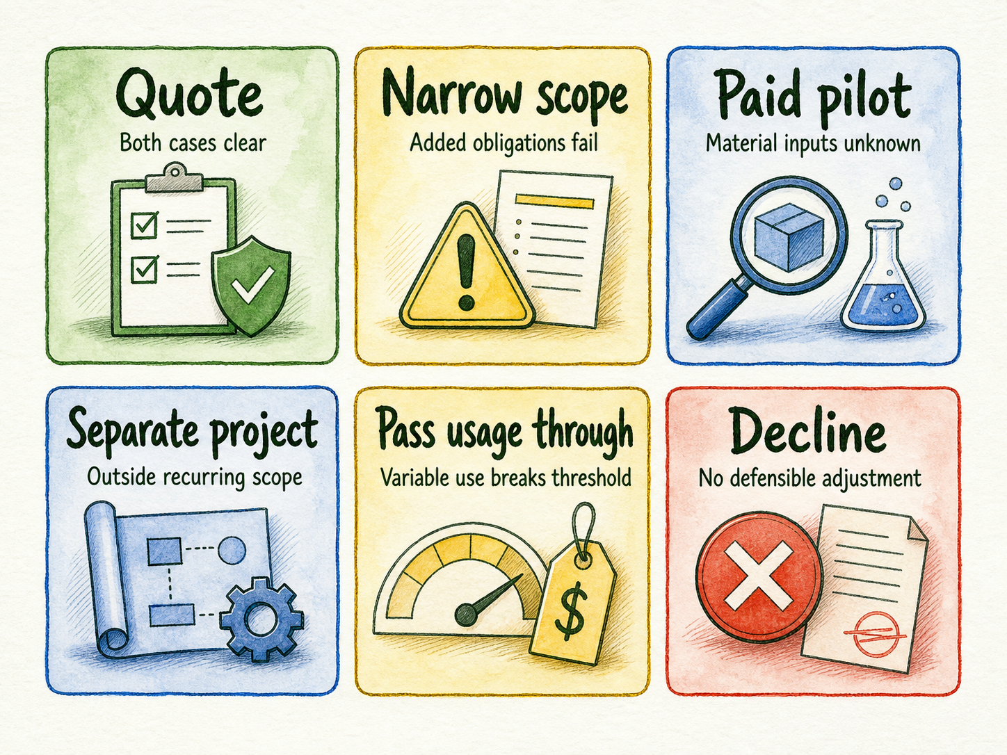 Six admission-outcome cards pair account conditions with quote, scope, pilot, project, pass-through, or decline actions.