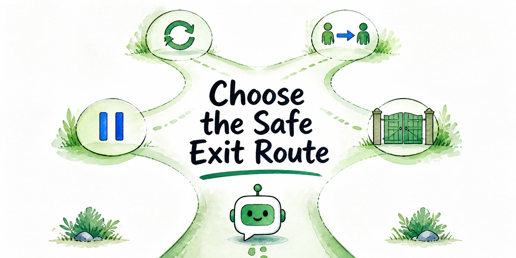 A controlled four-way junction directs a client chatbot toward renew, transfer, pause, or close.