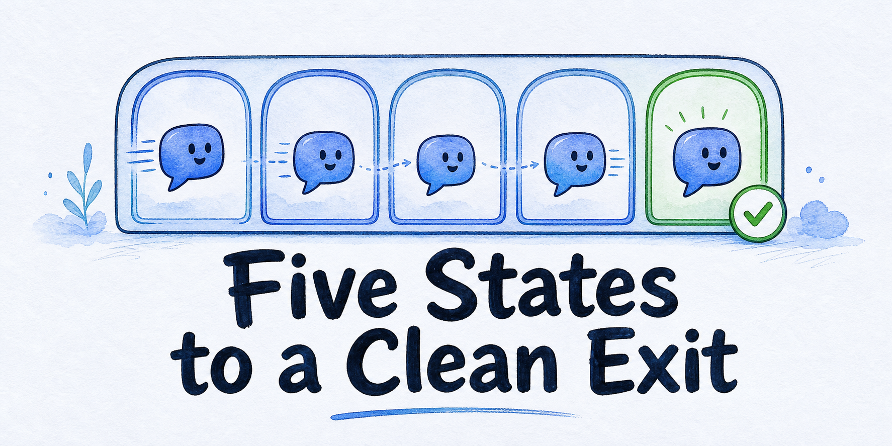 Hand-drawn editorial illustration for AI Chatbot Client Offboarding: Five-State Exit Checklist