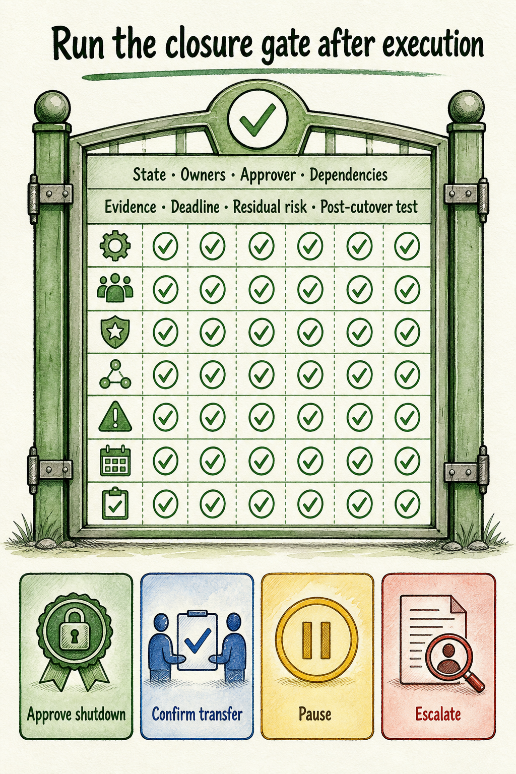 Closure gate checks ownership, approval, dependencies, evidence, deadlines, risk, and post-cutover testing.