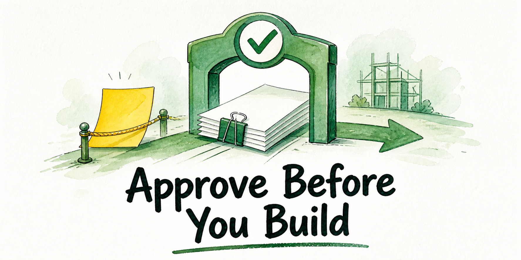 An approval packet passes through a green readiness gate while unresolved pages remain safely outside the build path.