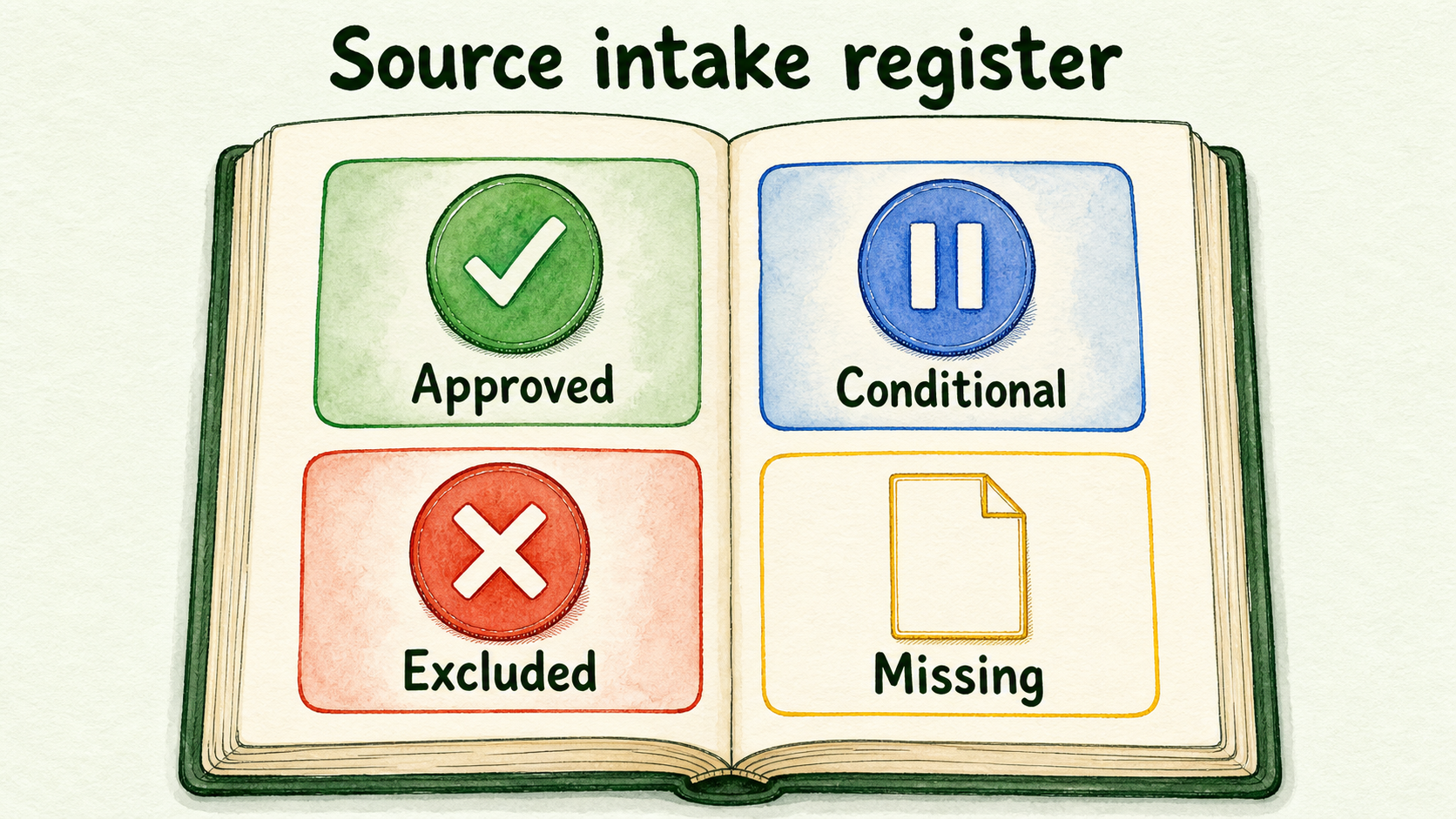 Four source-status cards show approved, conditional, excluded, and missing content entering a controlled register.