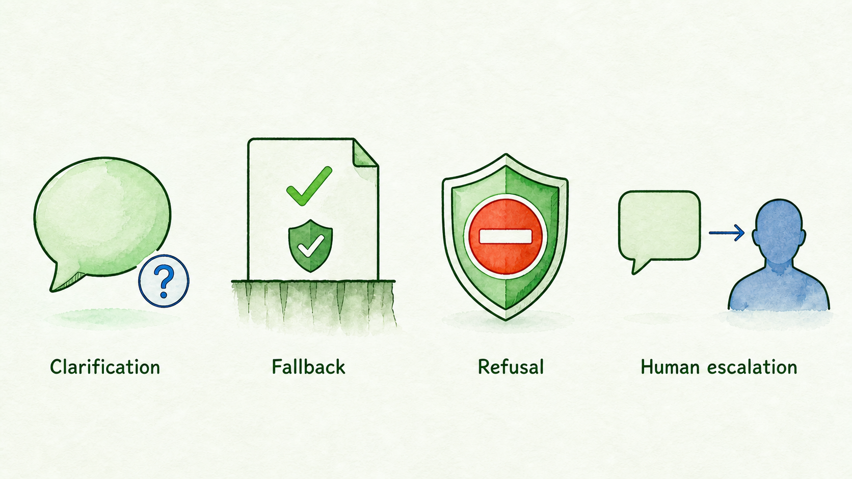 Four distinct response paths depict clarification, fallback, refusal, and routing to a named human owner.