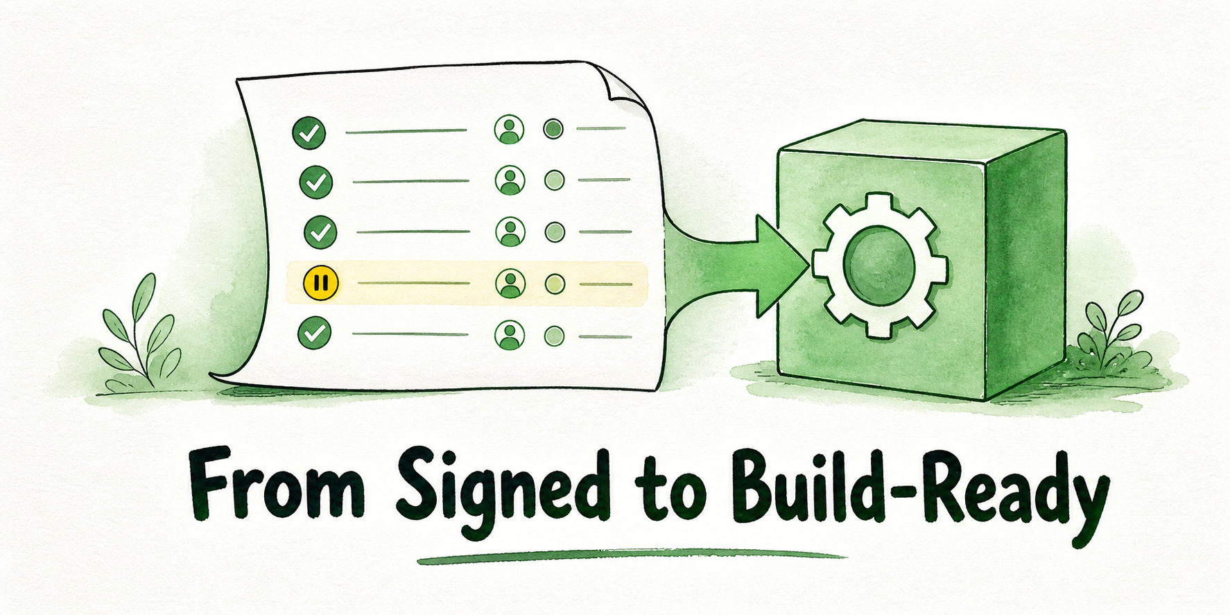 A checklist sheet links evidence and ownership to a clear build block while an unresolved item remains visibly paused.