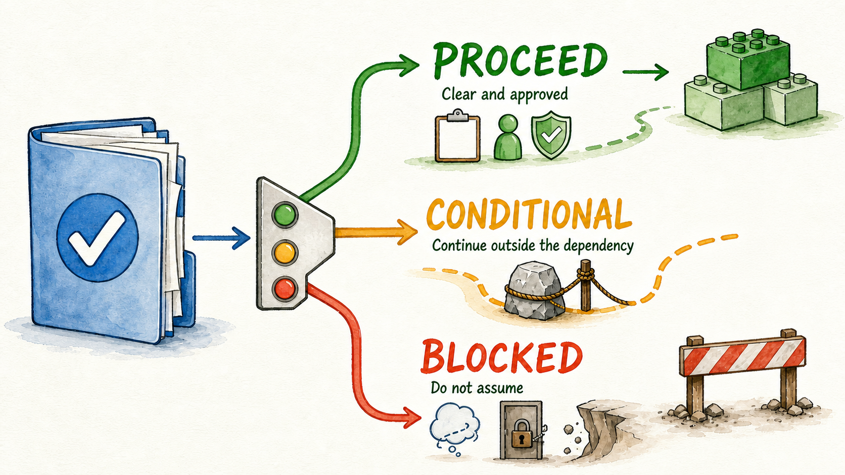 Three release paths show approved work proceeding, isolated dependencies remaining conditional, and unsafe assumptions blocking work.