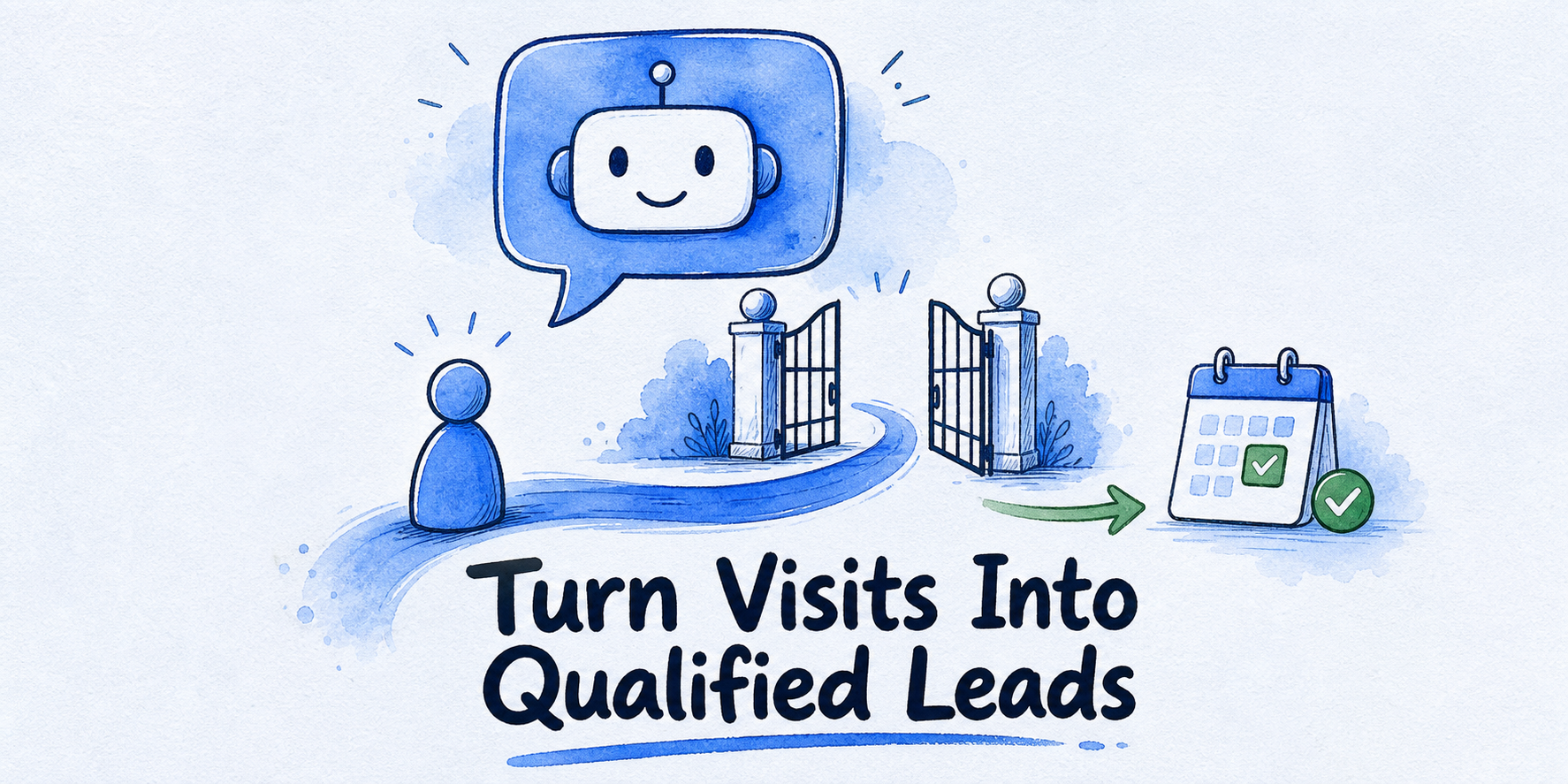 Hand-drawn editorial illustration for AI Chatbot for Lead Generation: Five Decision Gates