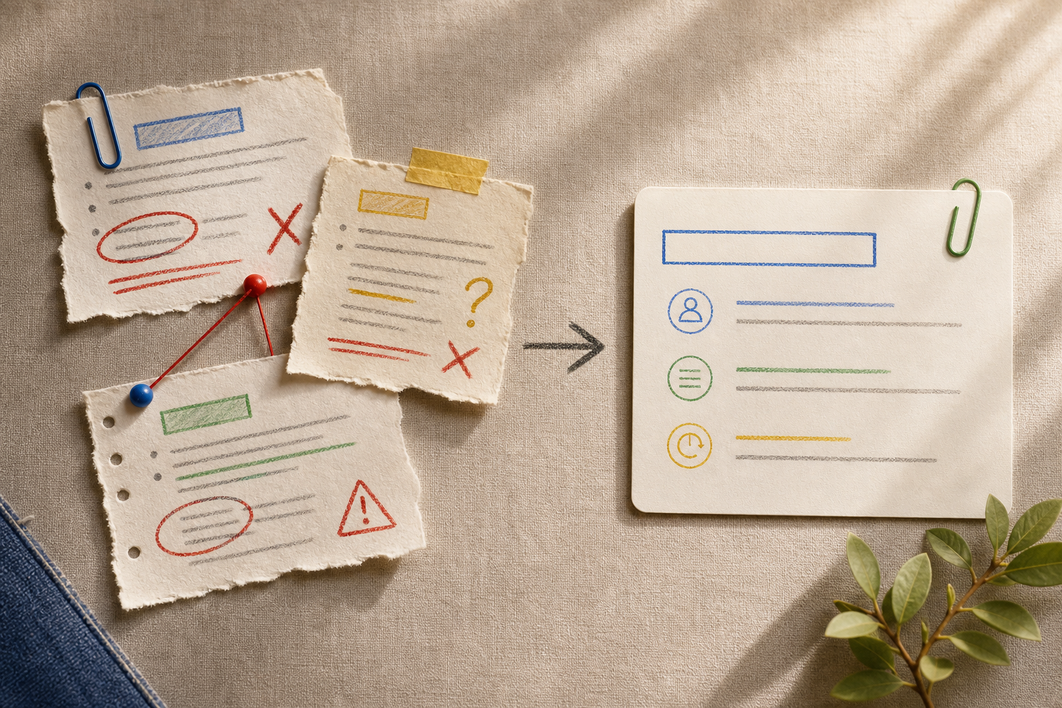 Before-and-after editorial diagram showing conflicting content resolved into one canonical answer.