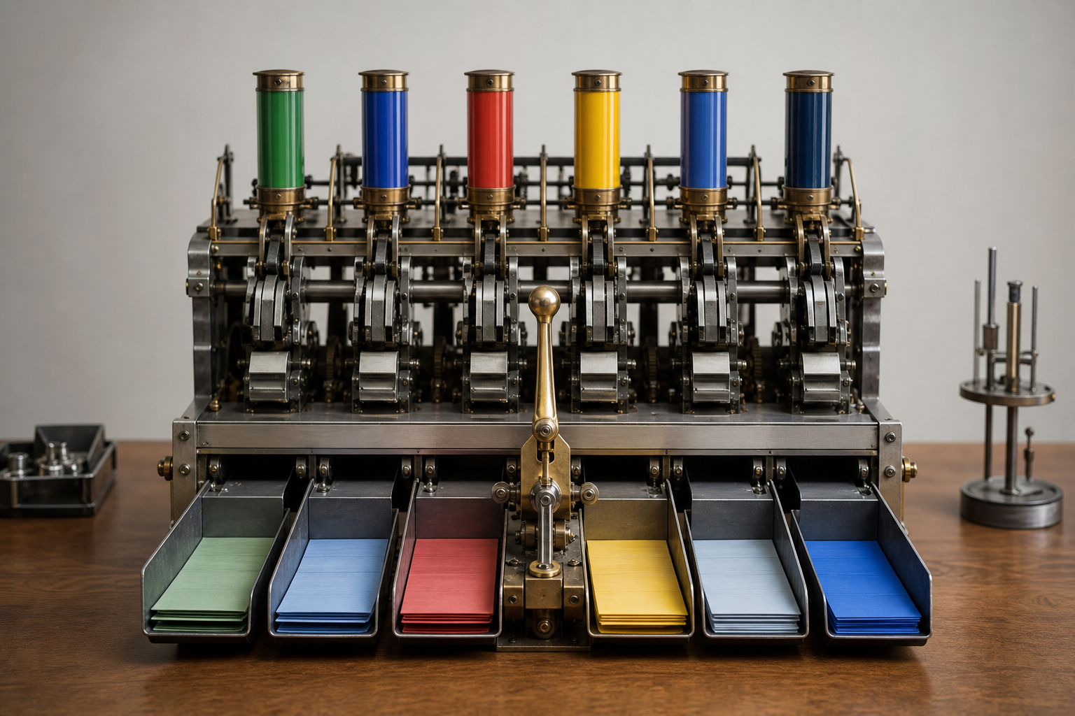 A reporting workbench where six colored metric cartridges feed into a single approval lever for monthly chatbot optimization.