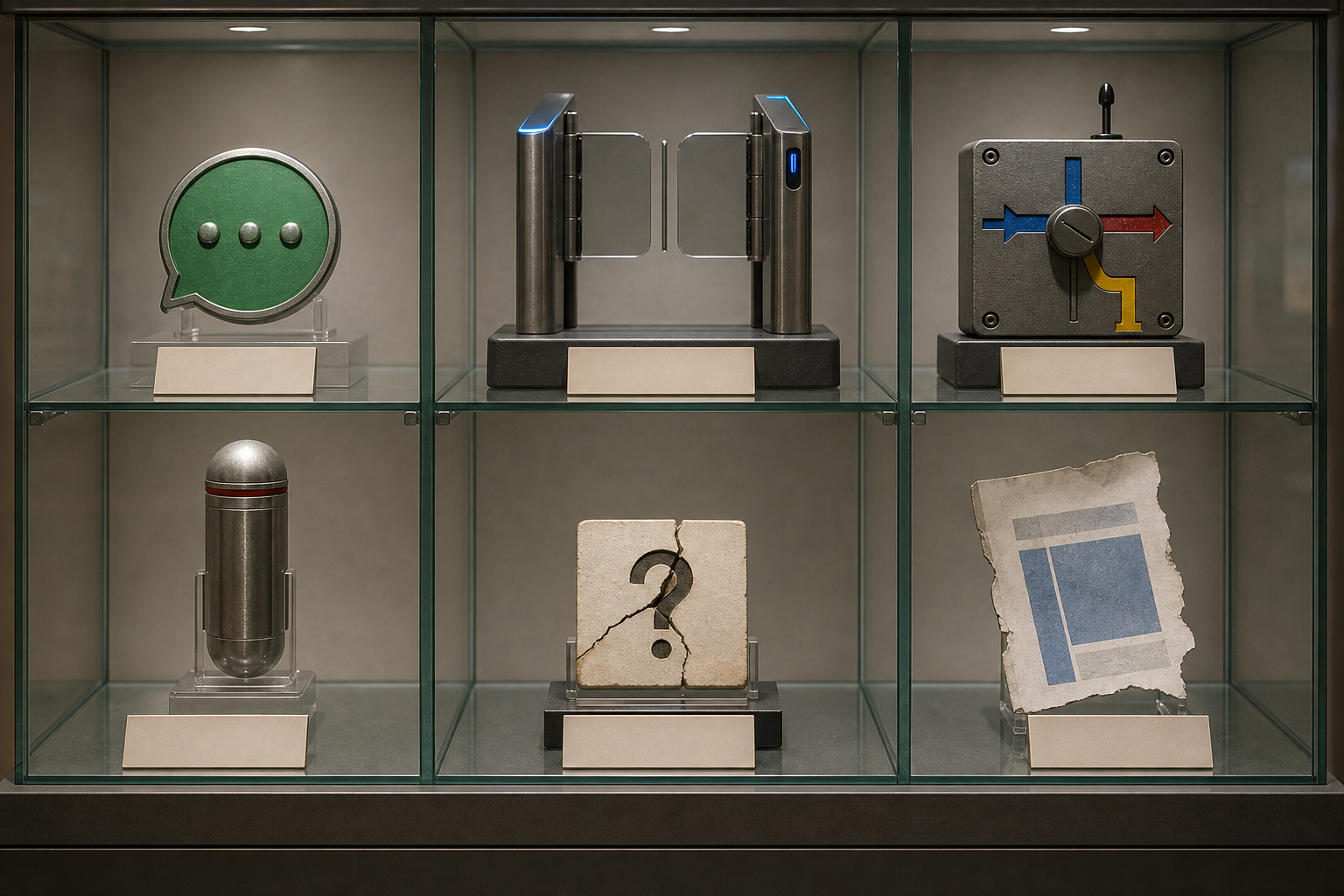 A museum case with six different chatbot metric specimens representing usage, containment, handoffs, leads, unanswered questions, and content gaps.