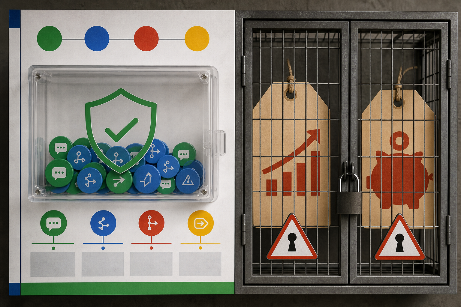 A safety-style attribution lockbox separating tracked chatbot events from unsupported revenue and savings claims.