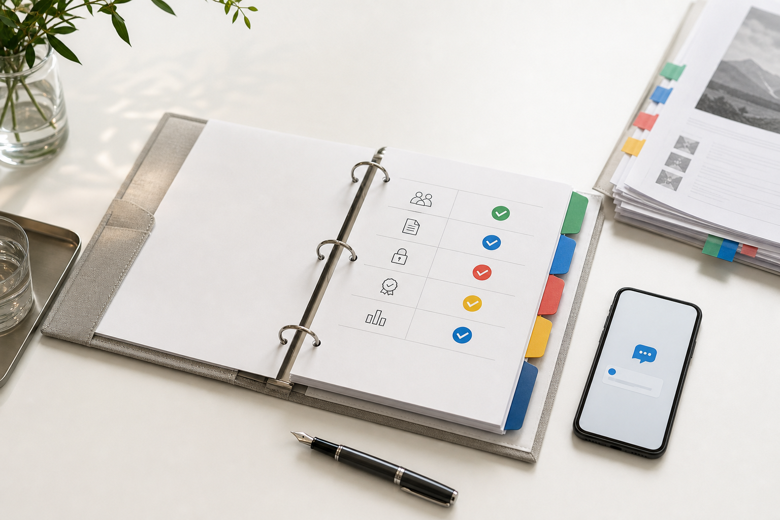 Elegant agency onboarding packet with approved content, owners, access, and risk markers arranged for chatbot build kickoff.