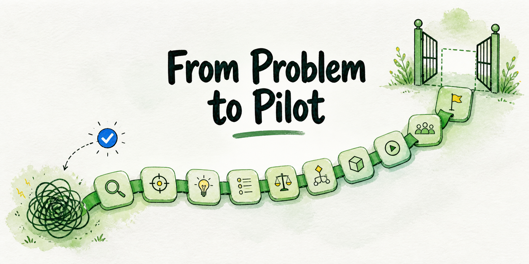Ten connected tiles lead from a recognized business problem toward a bounded pilot decision.