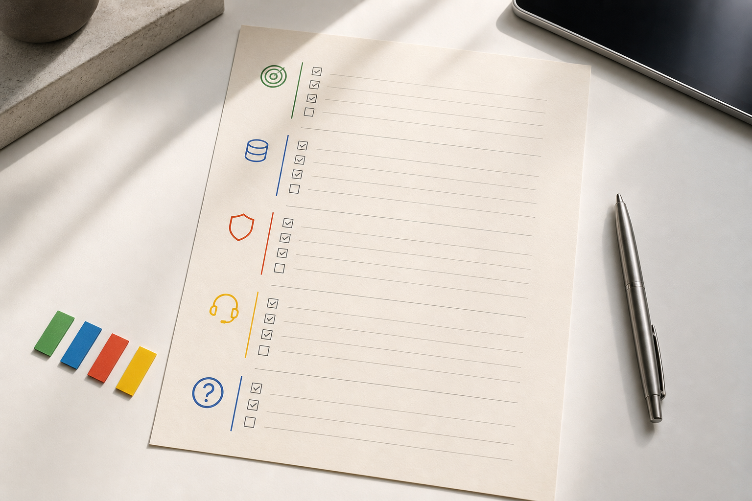 A precise proposal checklist on a worktable with scope, inputs, acceptance, support, and open questions marked.