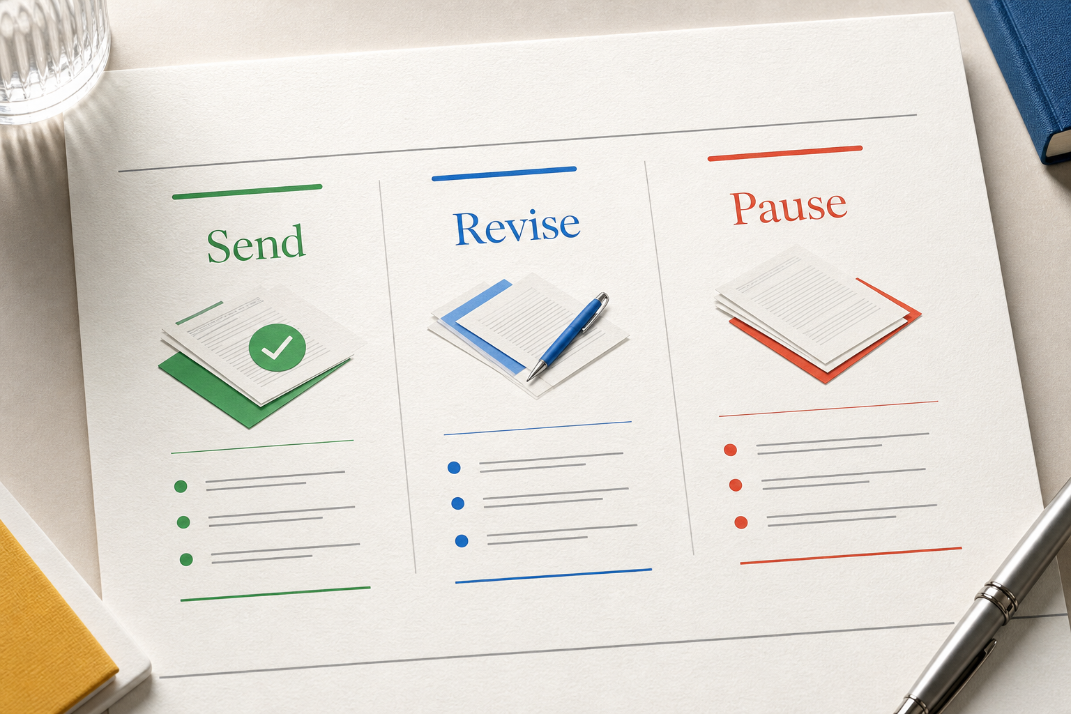 A decision matrix classifies chatbot proposal gaps as send, revise, or pause.