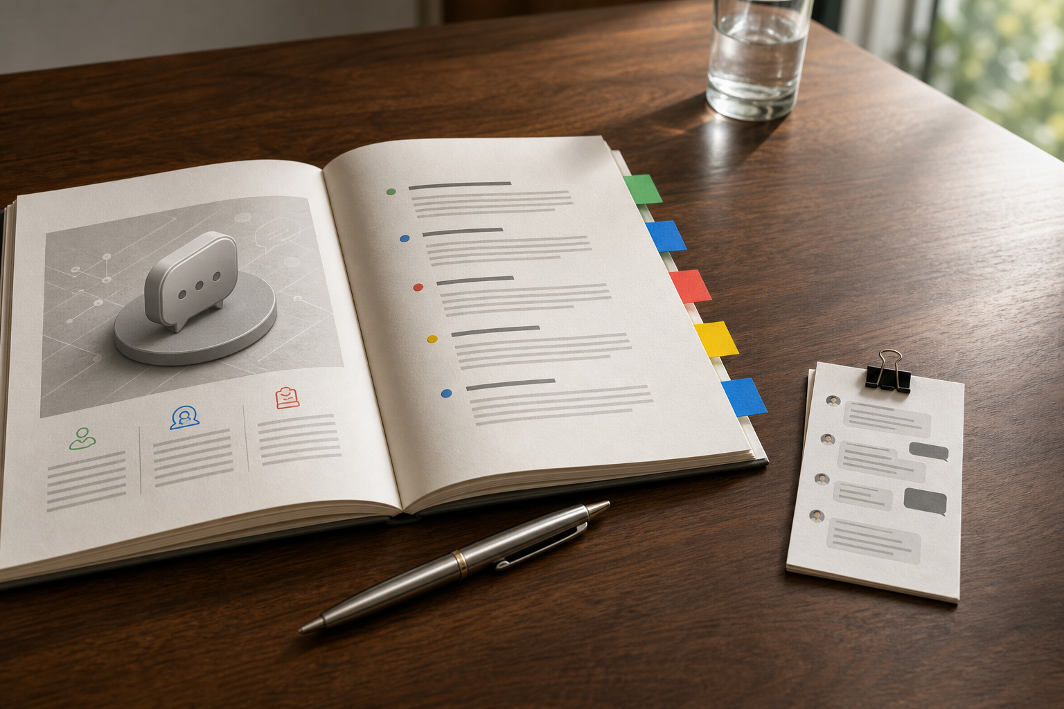 A signed chatbot proposal with colored approval tabs and a refined chat transcript beside it.