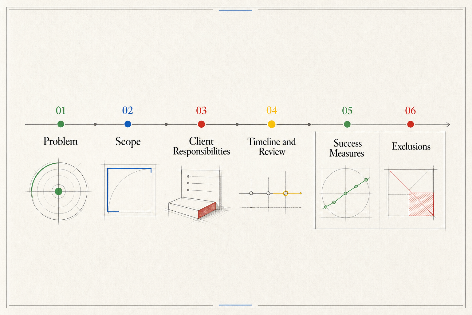 A refined proposal structure diagram showing responsibilities before timeline and exclusions beside success measures.