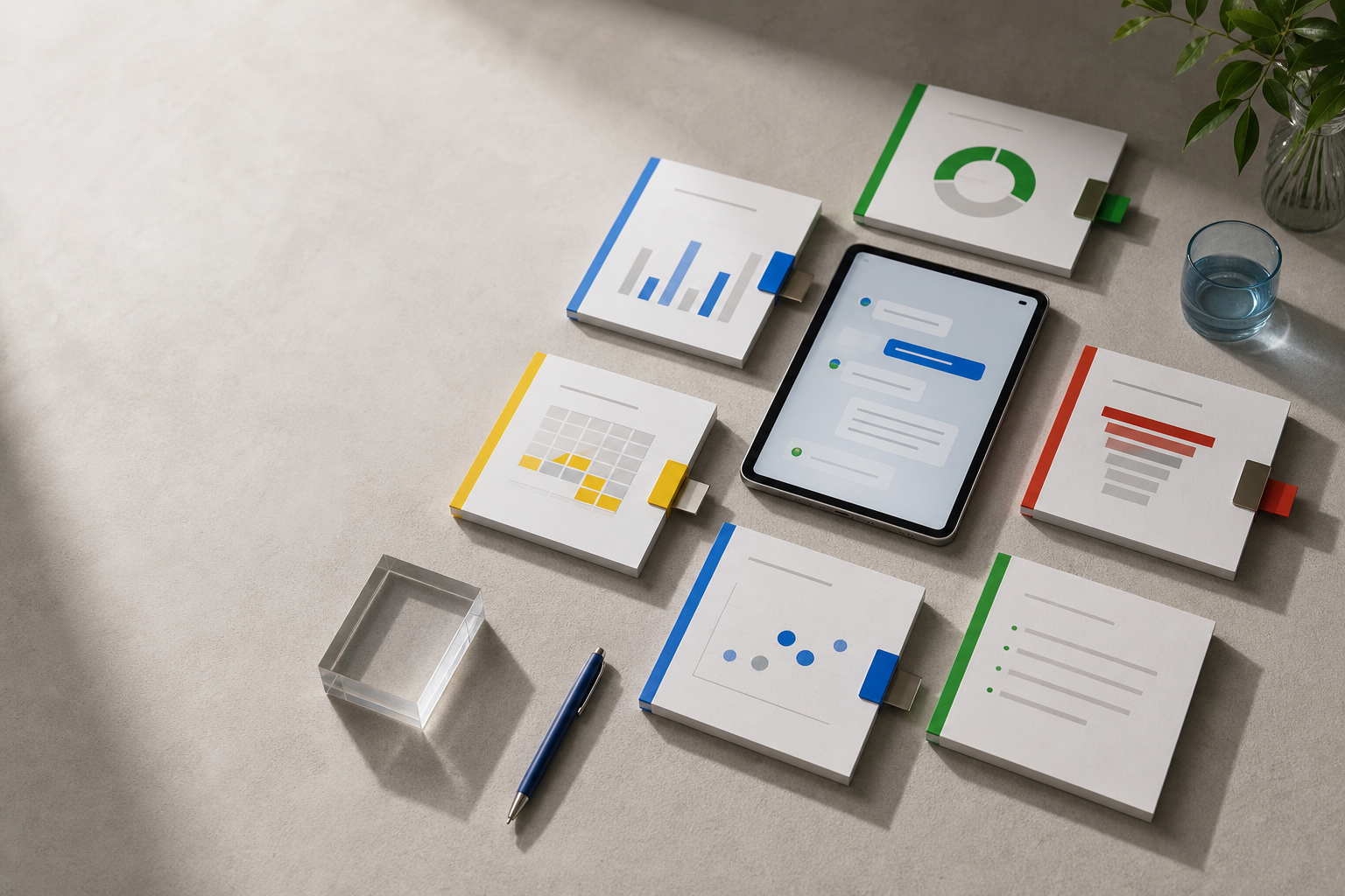Editorial still life of chatbot metrics sorted into clear action cards with unresolved questions highlighted.