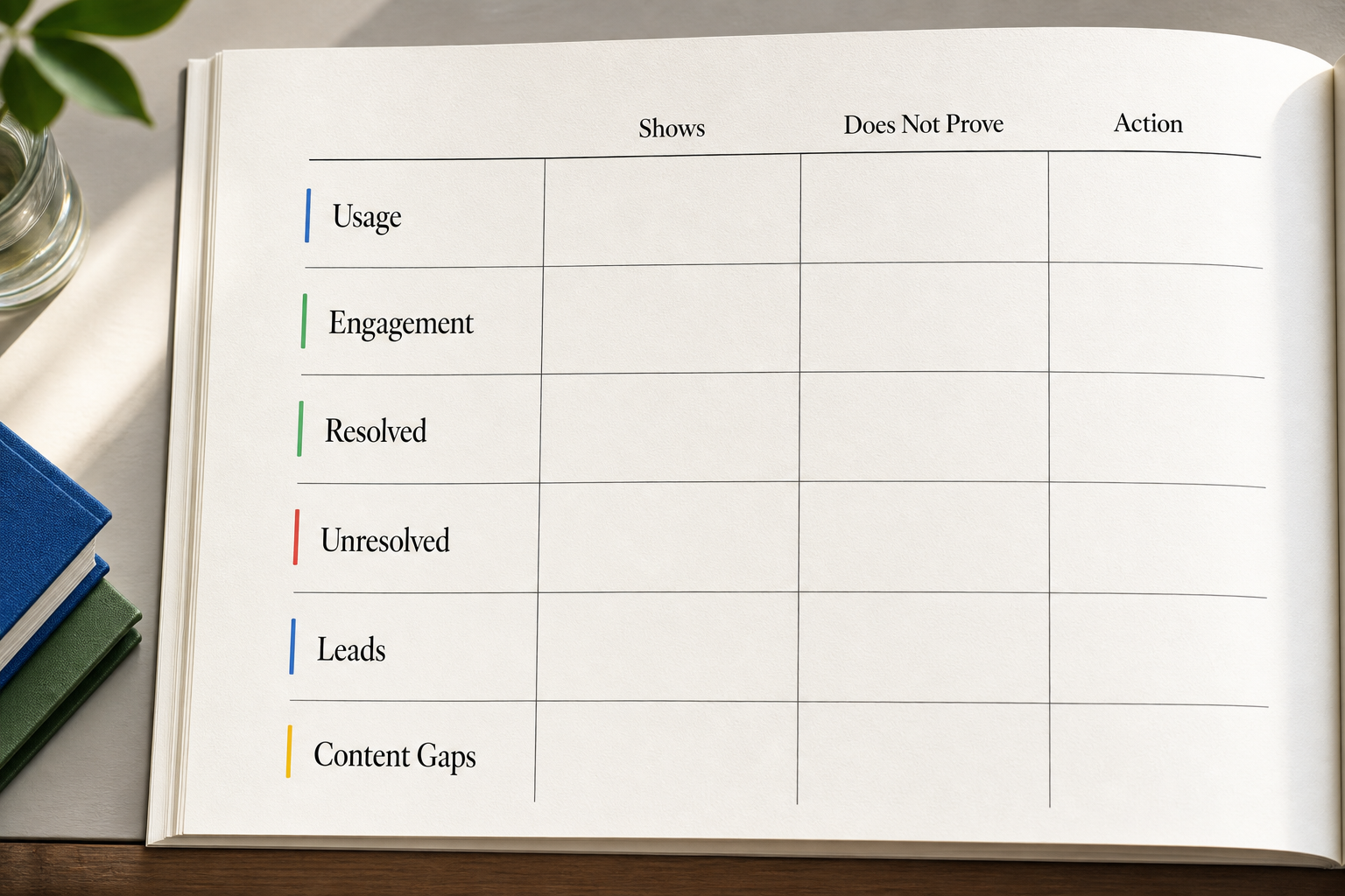 Diagram grouping chatbot report metrics by what they show, limits, and the action they trigger.