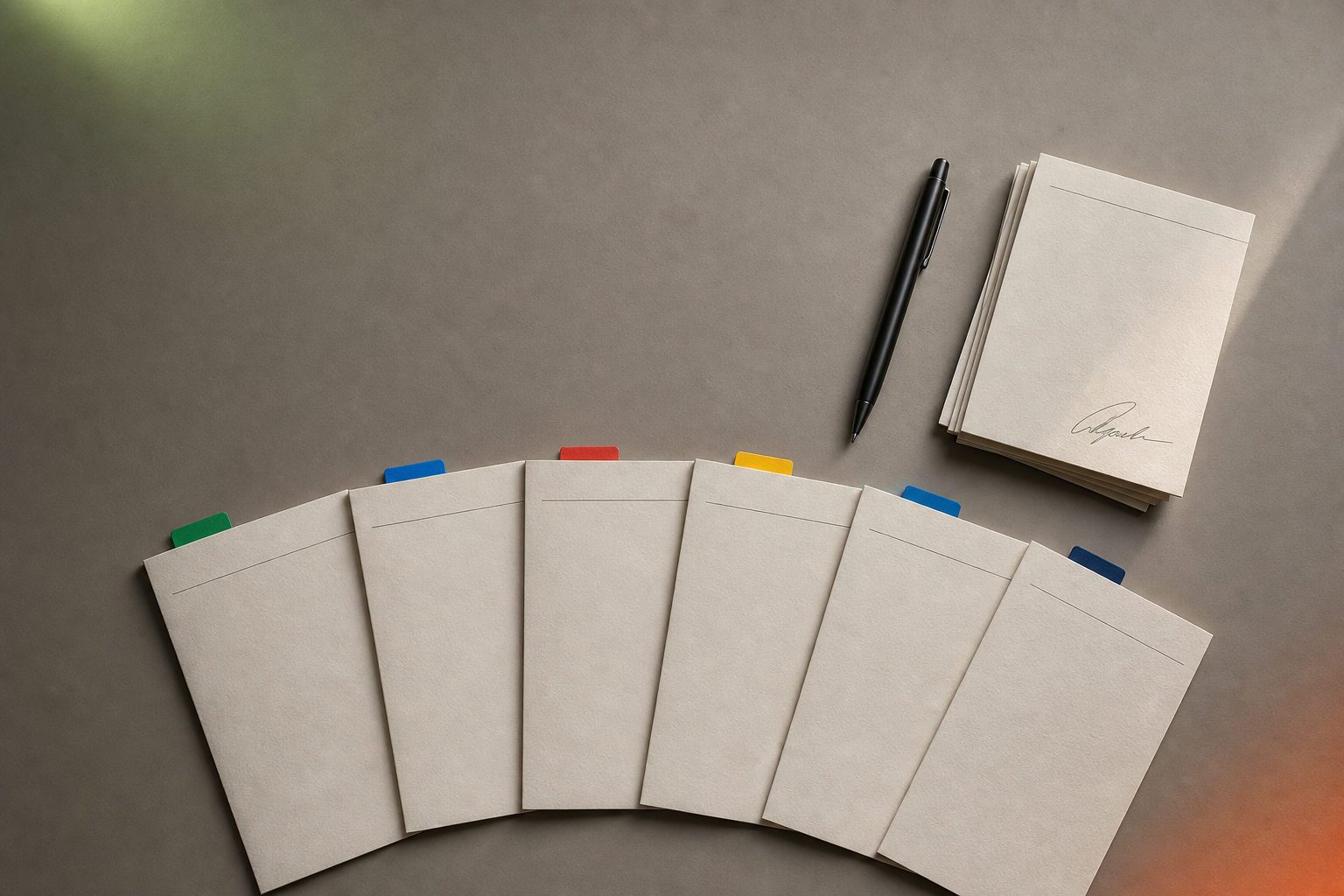 Six-part reseller checklist arranged as premium colored audit slips under bright studio light.