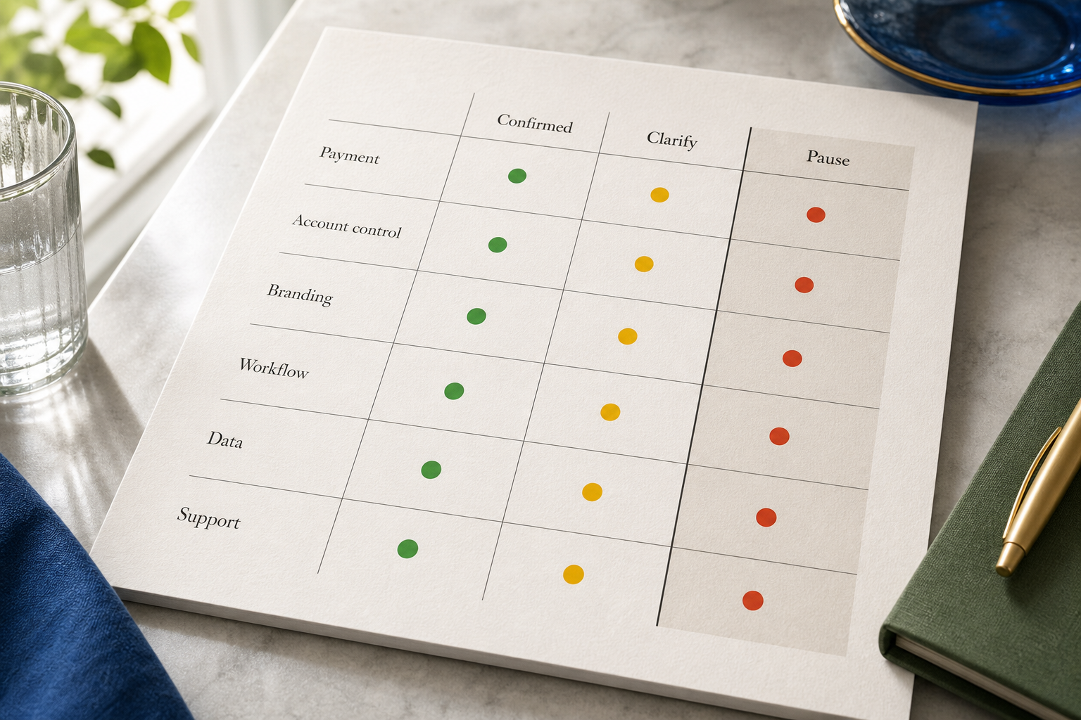 Decision matrix showing confirmed, clarify, and pause states across reseller risk areas.
