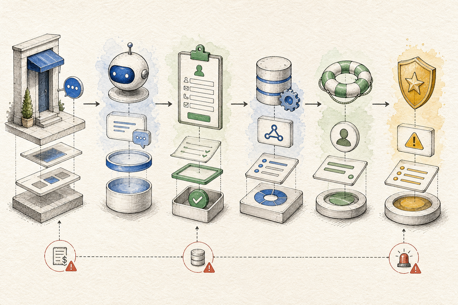 Exploded workflow showing client site, chatbot, CRM handoff, data note, and support escalation.