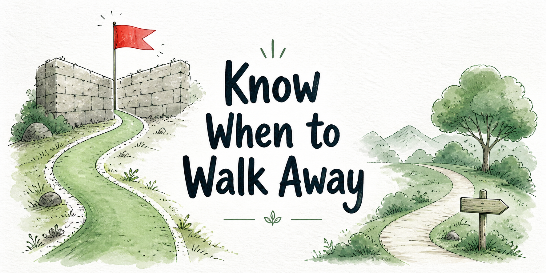 A warning flag blocks a path toward client launch while a clear side route preserves the option to pause or exit.