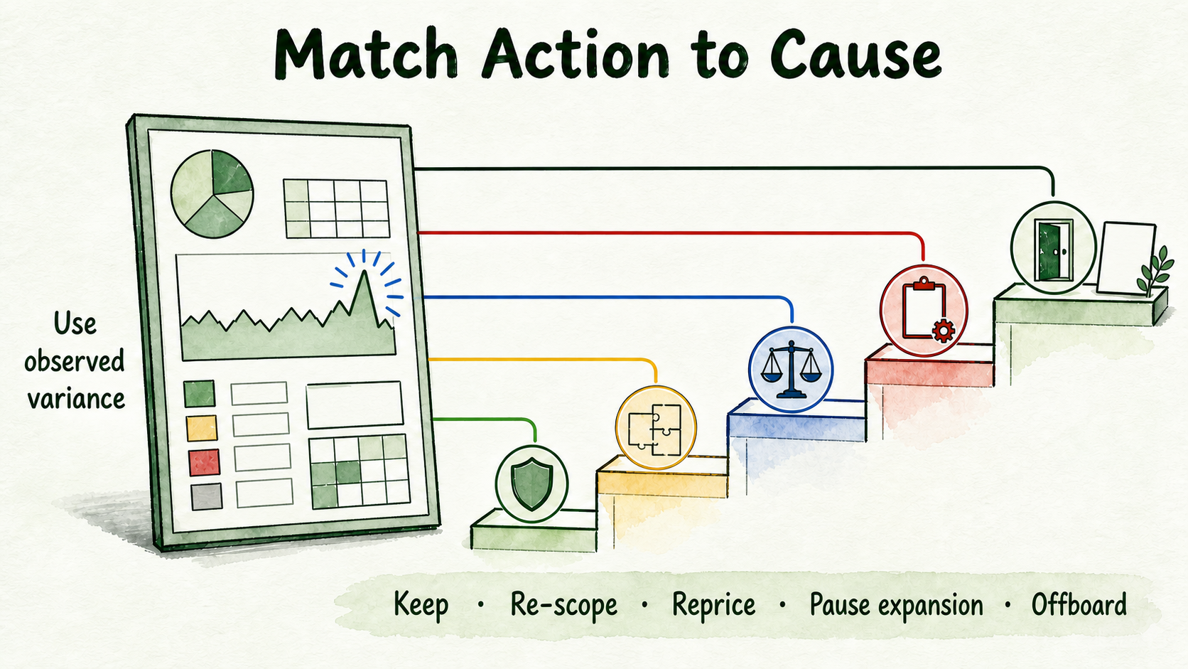 Five account interventions arranged from least to most structural change, each matched to operating evidence.