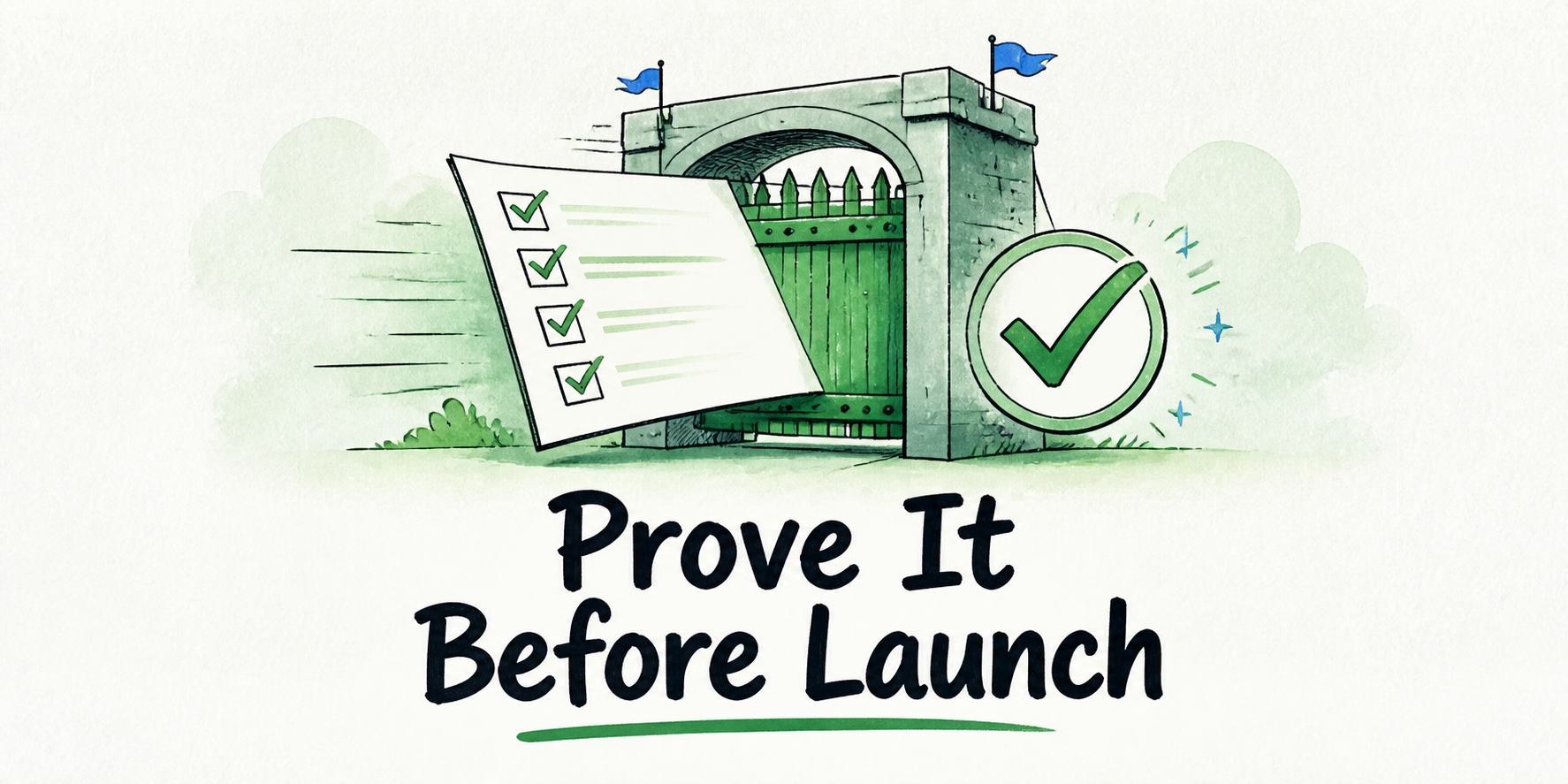 A launch checklist passes through a protective boundary toward a clear approval check.