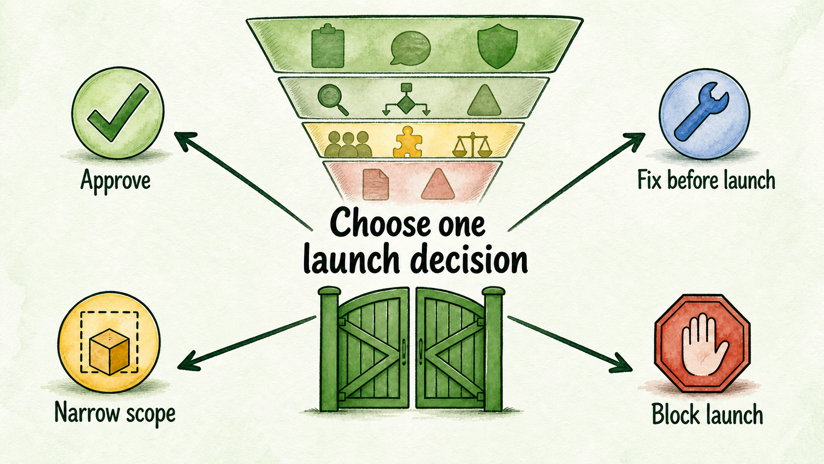 A final acceptance gate branches to approve, fix before launch, narrow scope, or block launch.