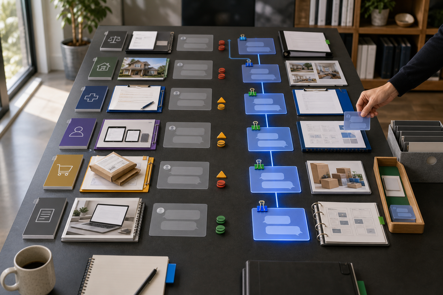 Agency chatbot pitch selection shown through client pain, approved content, low risk, and handoff paths.