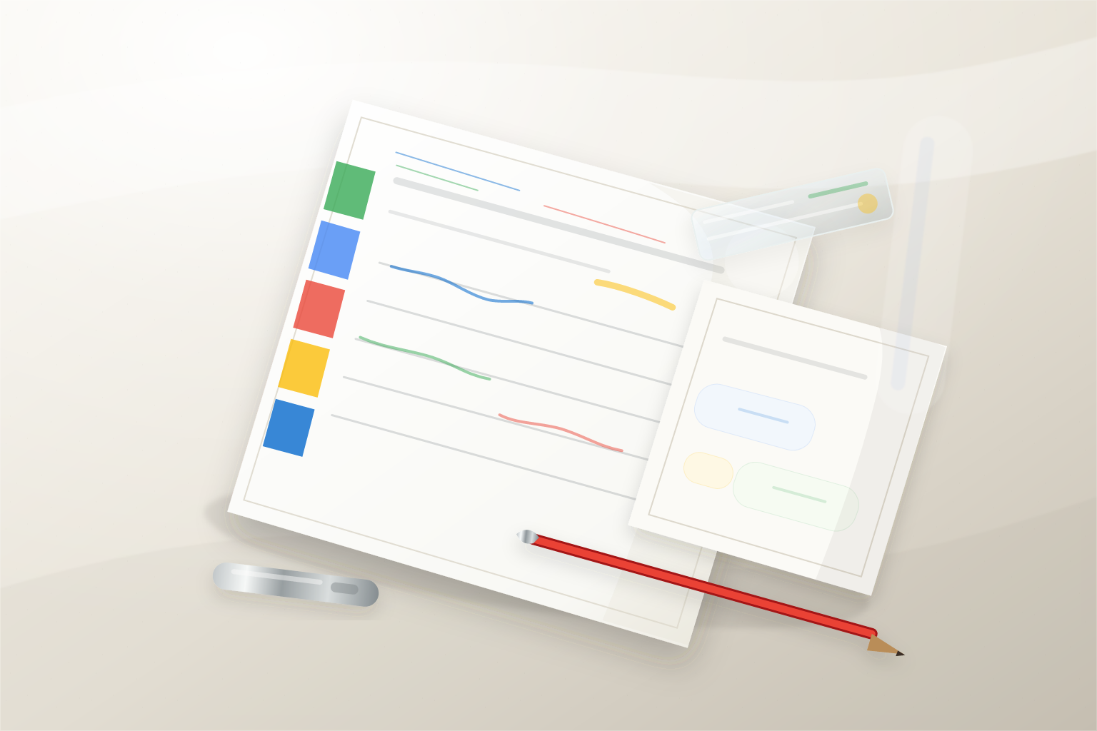 Editorial still life of a campaign brief becoming a controlled chatbot workflow for an email agency.