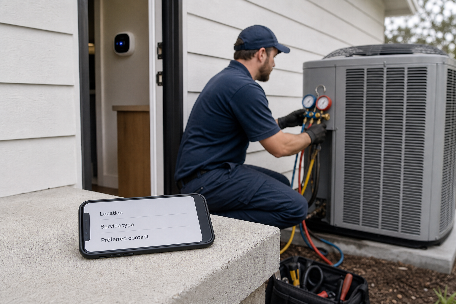 Phone assistant routes an HVAC service inquiry to a local technician beside a residential condenser.