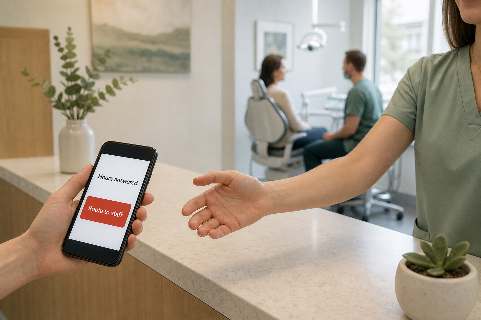 Dental receptionist receives a routed inquiry while a clinician remains responsible for advice.