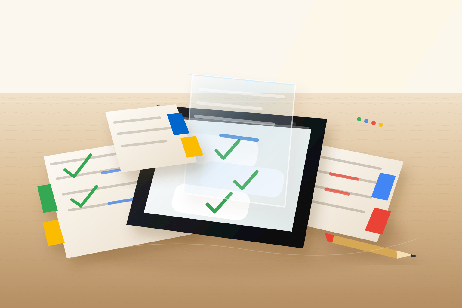 A strategist’s desk showing a bounded SEO chatbot workflow moving from source material to human review.