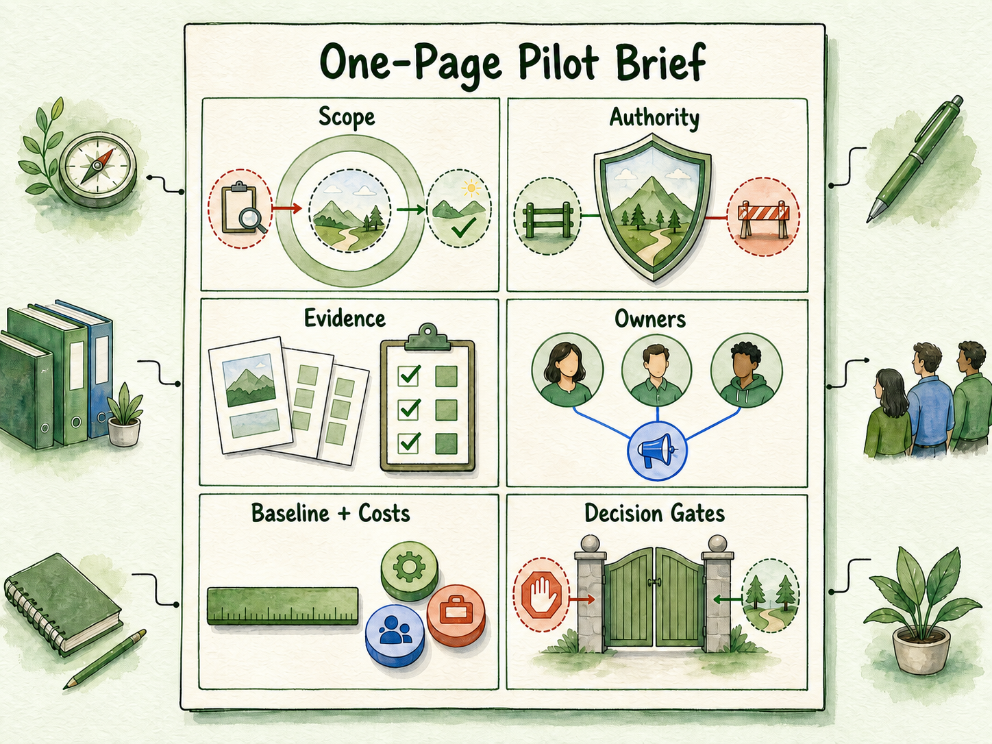 Anatomy of a one-page pilot brief organized around scope, authority, evidence, ownership, costs, and decision gates.