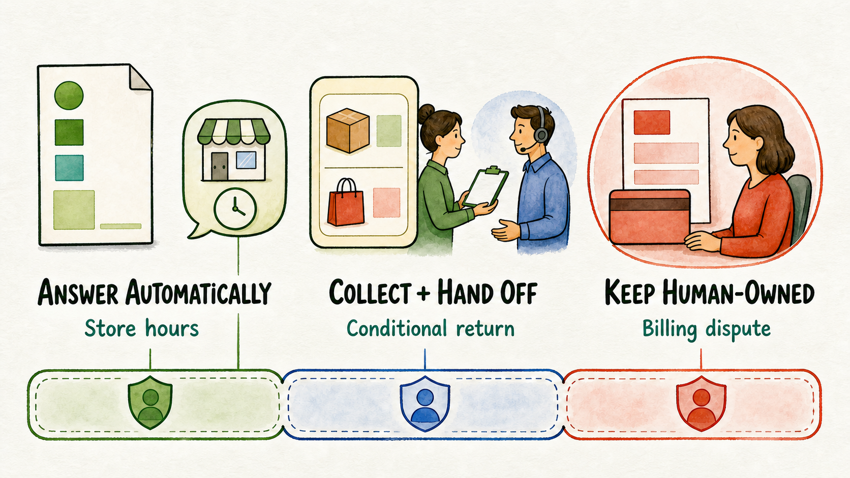 Three request lanes separate approved automatic answers, context collection with handoff, and decisions kept human-owned.