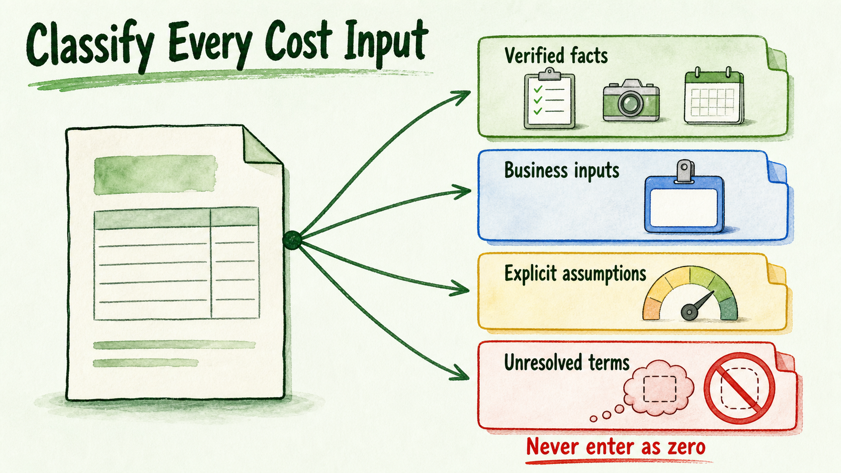 Four evidence columns separate verified facts, owned inputs, assumptions, and unresolved terms that cannot be counted as zero.