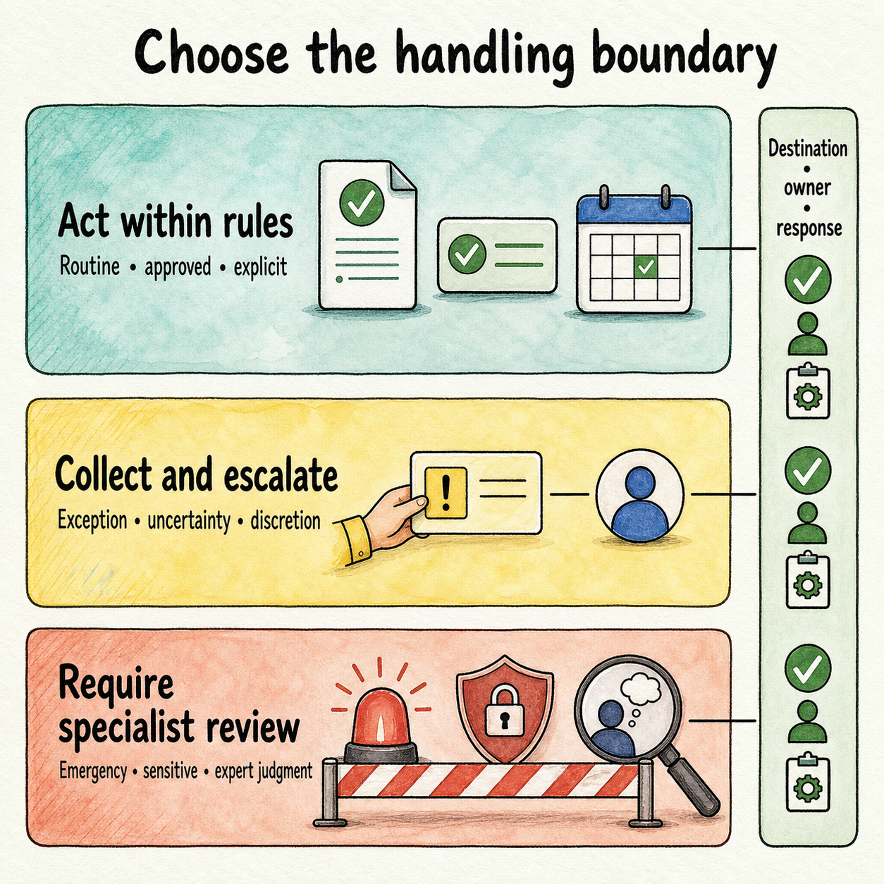 Three-lane call-handling matrix: act within rules, collect and escalate, or require specialist review.