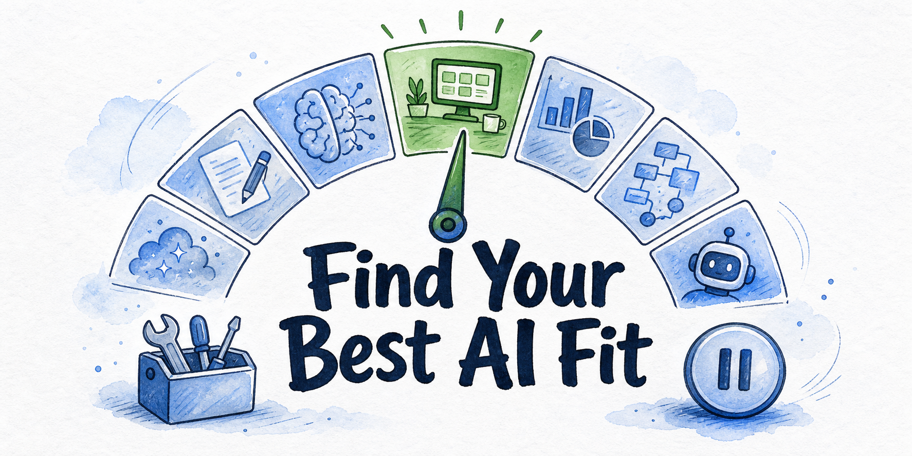 Hand-drawn editorial illustration for AI Workspace for Business: A 7-Part Fit Test