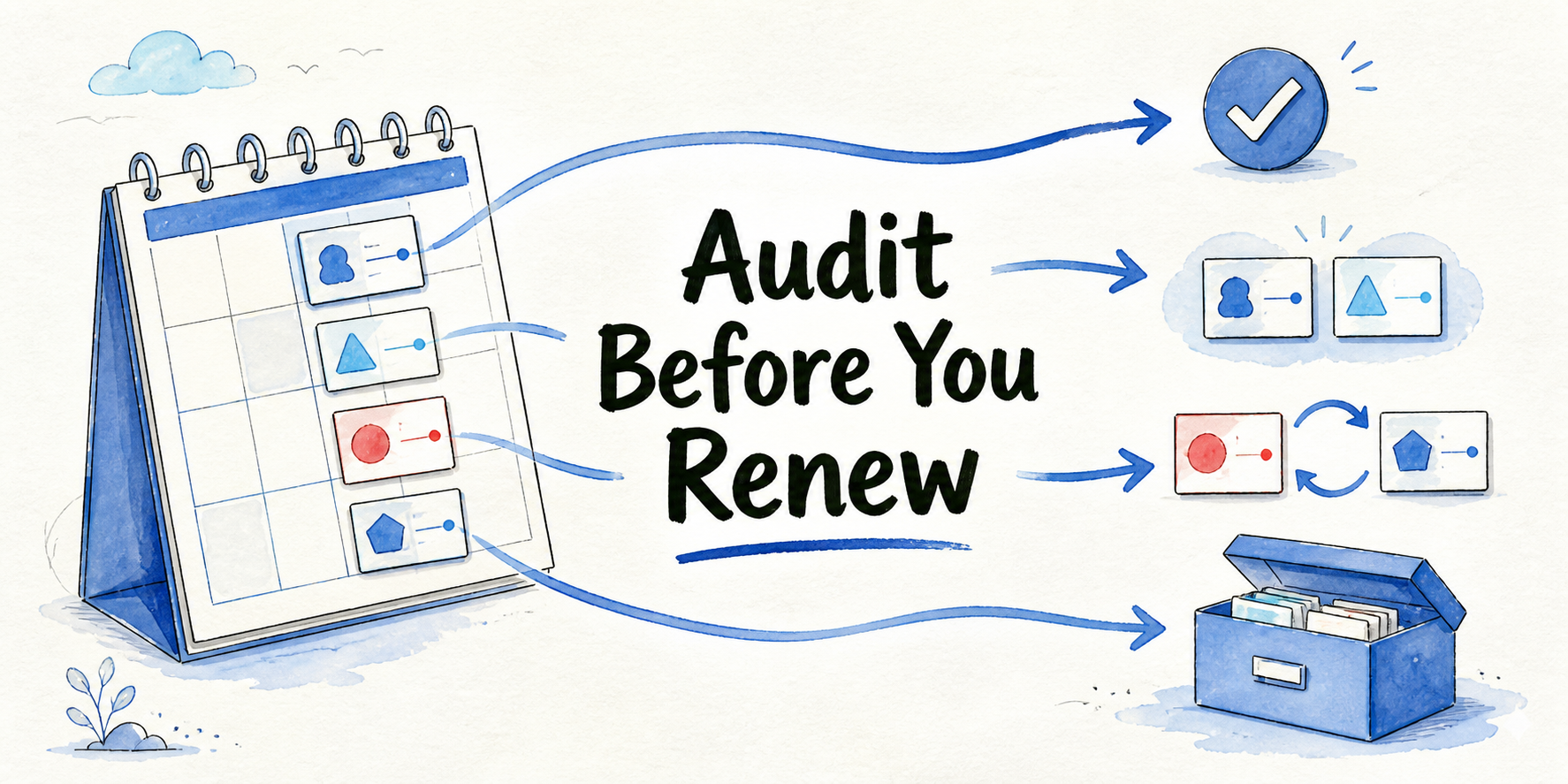 A renewal calendar sheet sorts four AI app cards into keep, combine, replace, and retire paths.