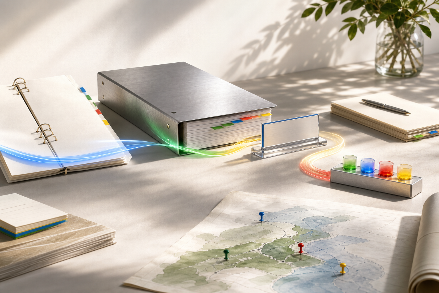 Elegant control room scene showing one client workflow moving through reseller feature checkpoints.