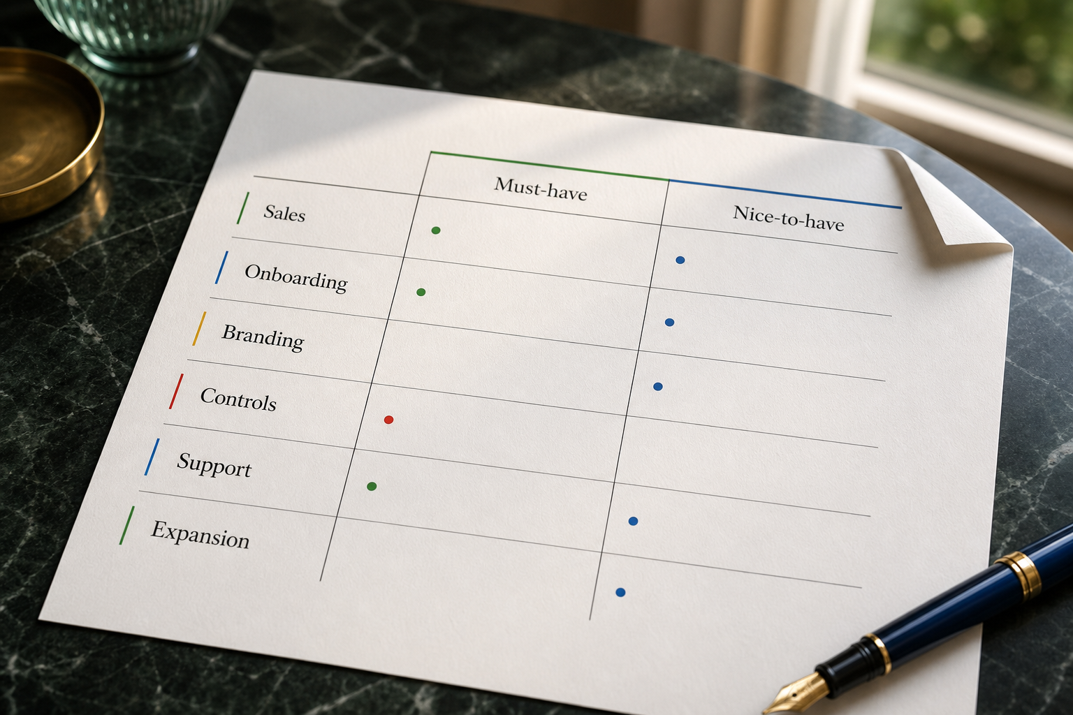 Matrix ranking chatbot reseller features by sales, setup, trust, risk, support, and expansion value.