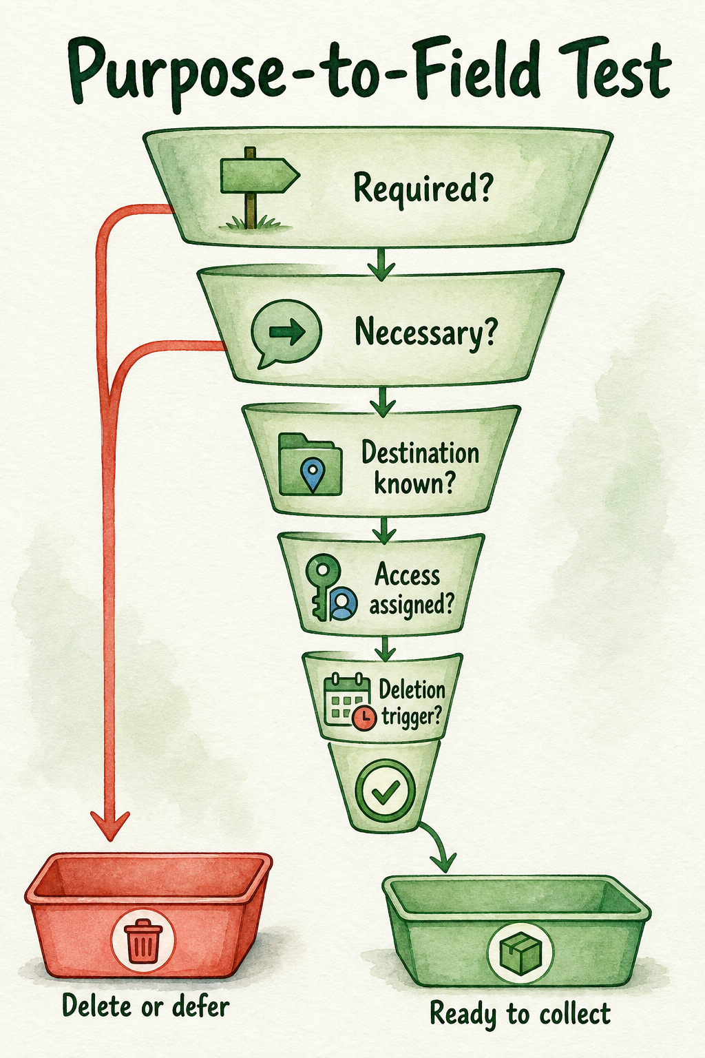 Six-question funnel removes or defers fields that lack necessity, destination, access, retention, or deletion answers.