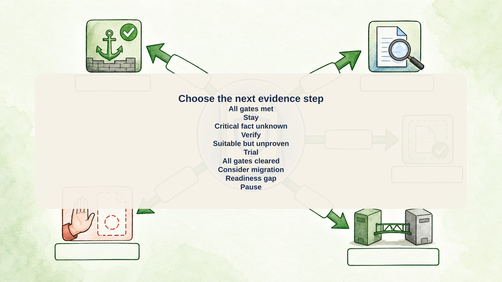 Evidence branches to stay, verify, trial, consider migration, or pause according to the current decision condition.