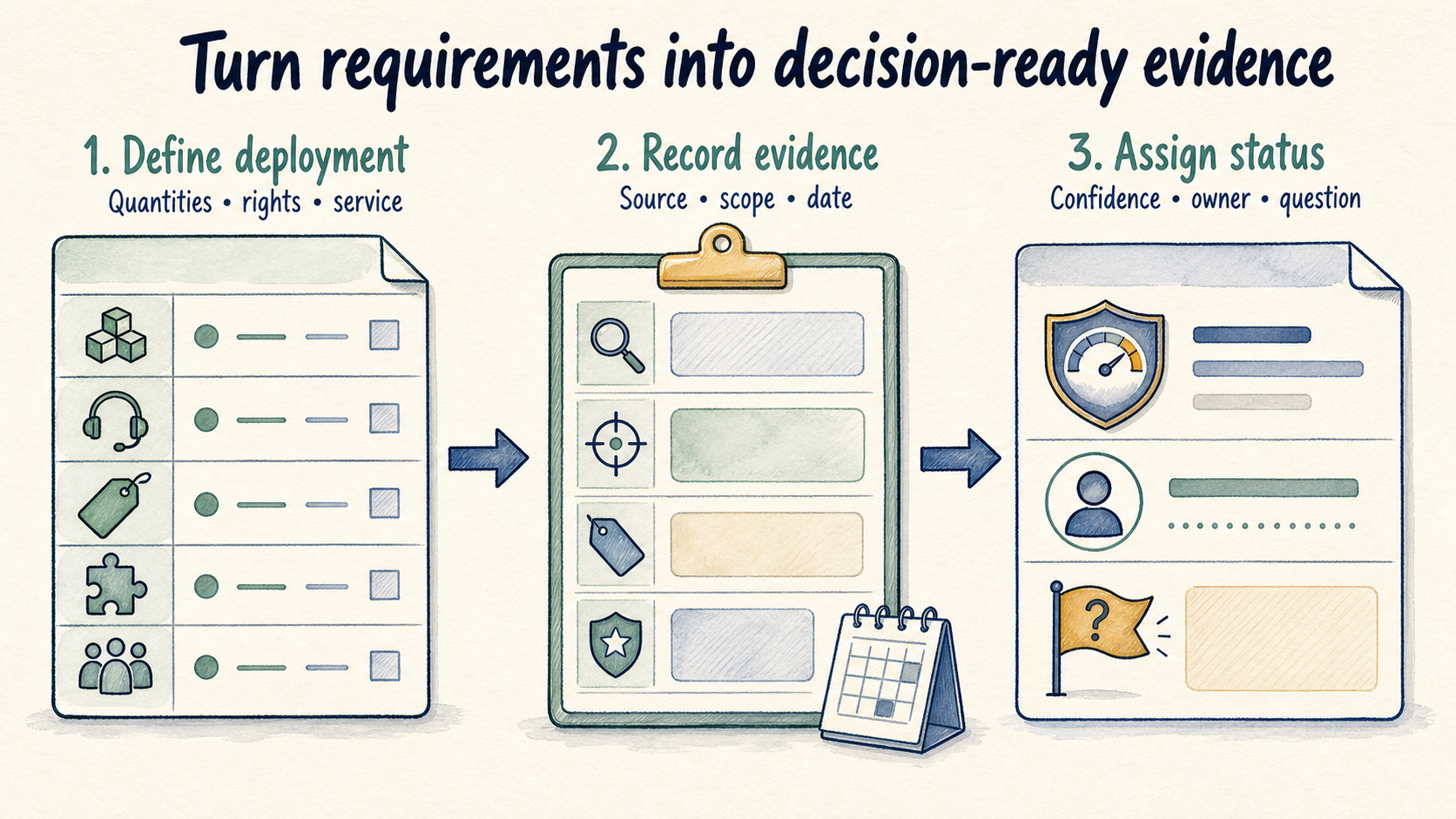 Workflow turning deployment requirements into dated evidence records with confidence and ownership.