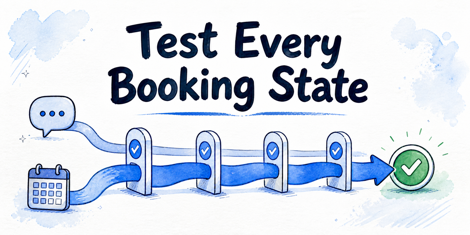A booking journey moves through connected checkpoints while matching conversation, calendar, confirmation, and notification records.