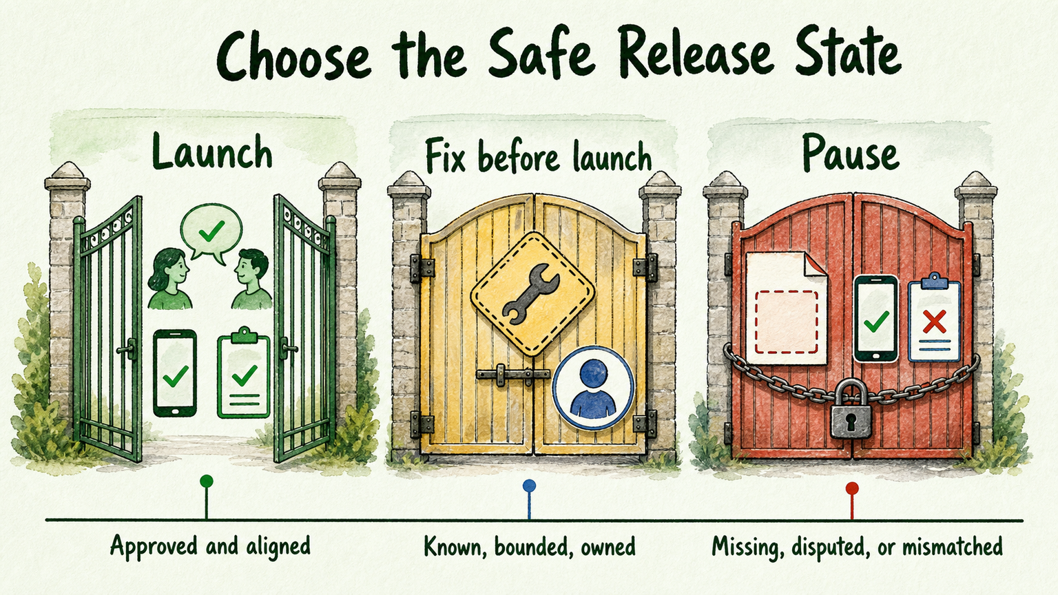 Three outcome gates show when a tested booking flow should launch, be fixed before launch, or pause.